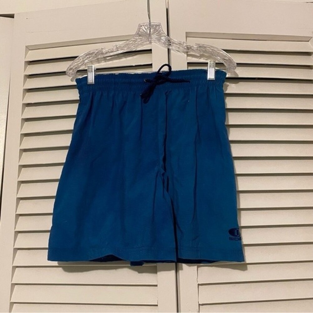Vintage Side1 Size Small 100% Nylon 80s Teal Blue Shorts Swim Trunks - Picture 2 of 8